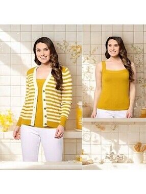 AnyBody Striped Cardigan & Solid Tank Sweater Set Gold Size XXS